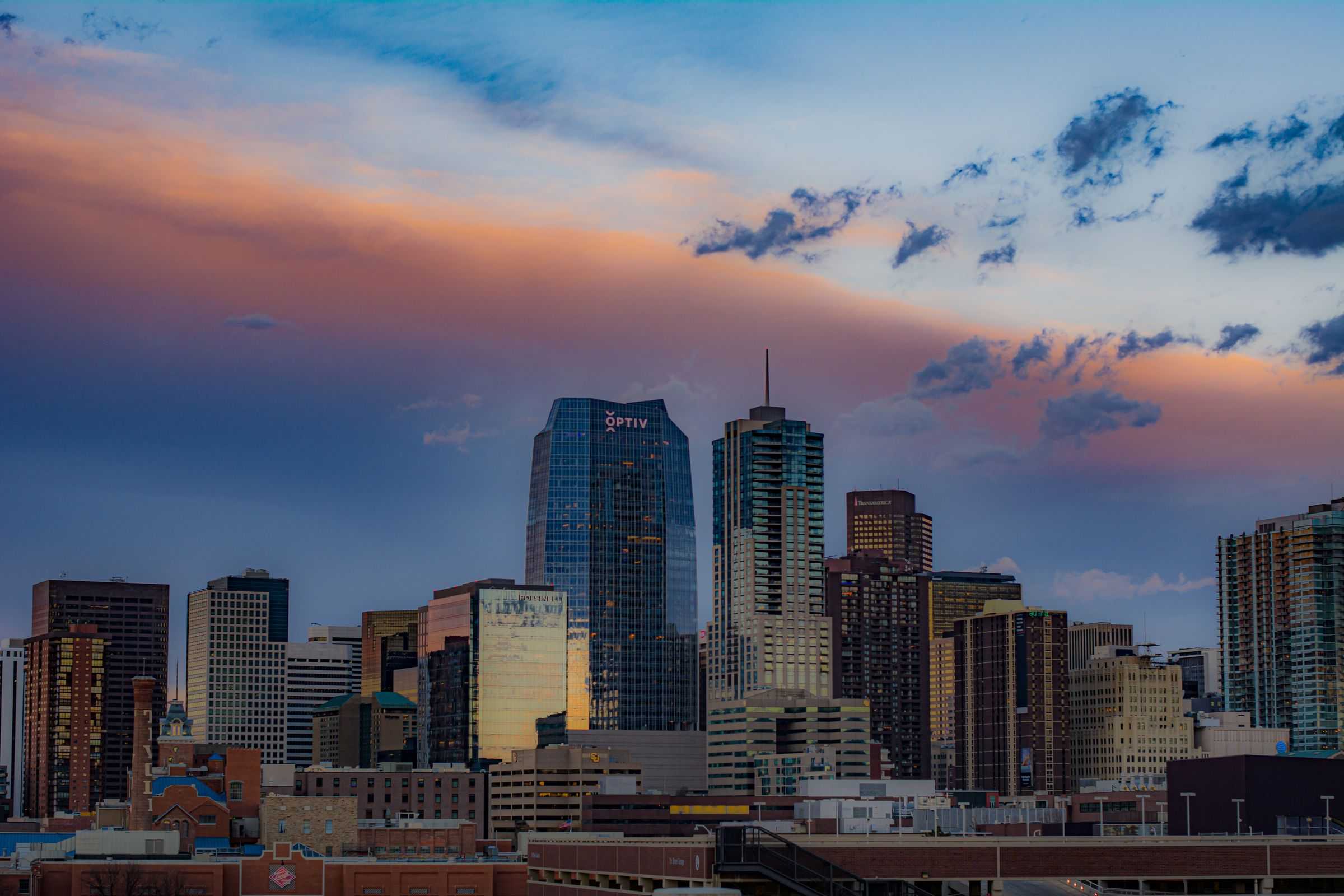 Denver skyline in the warm light of sunset