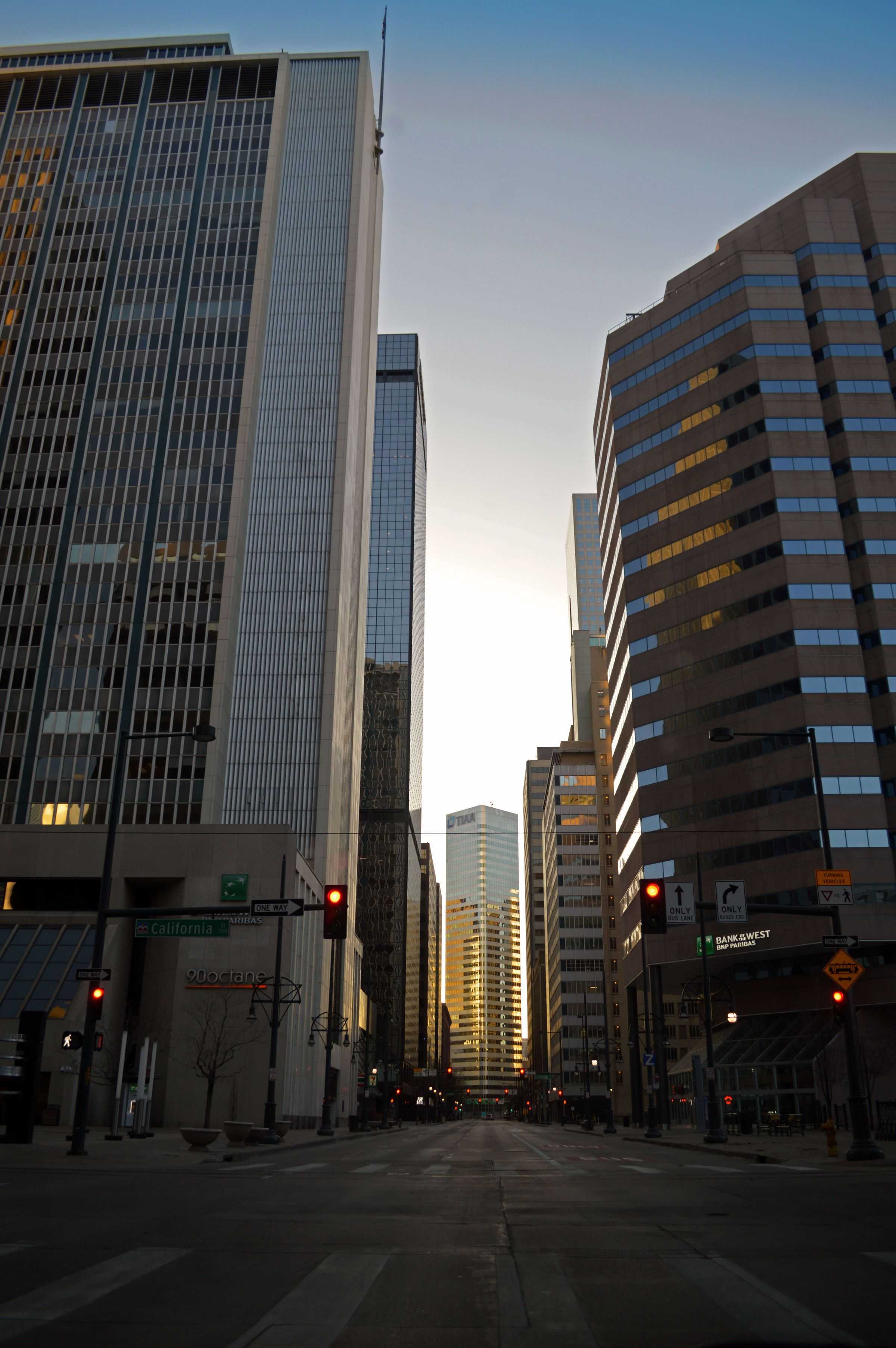Downtown Denver in the warm light of sunrise